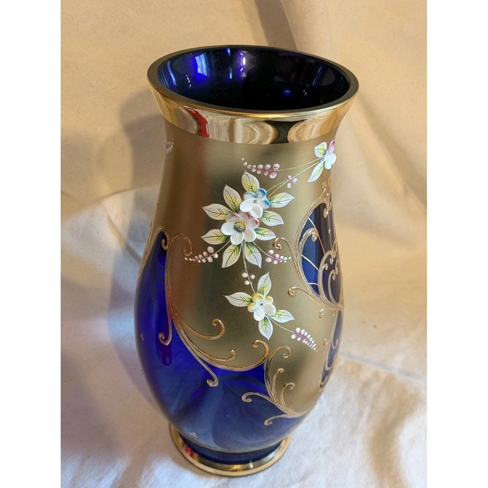 Vintage Cobalt Blue Bohemian Czech Crystal Vase Flowers 24kt Gold 10 in Tall